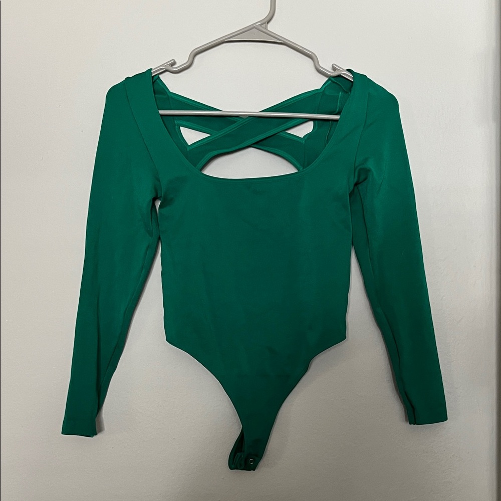 Anthropologie Emerald Green Long-Sleeve Crisscross Back Bodysuit